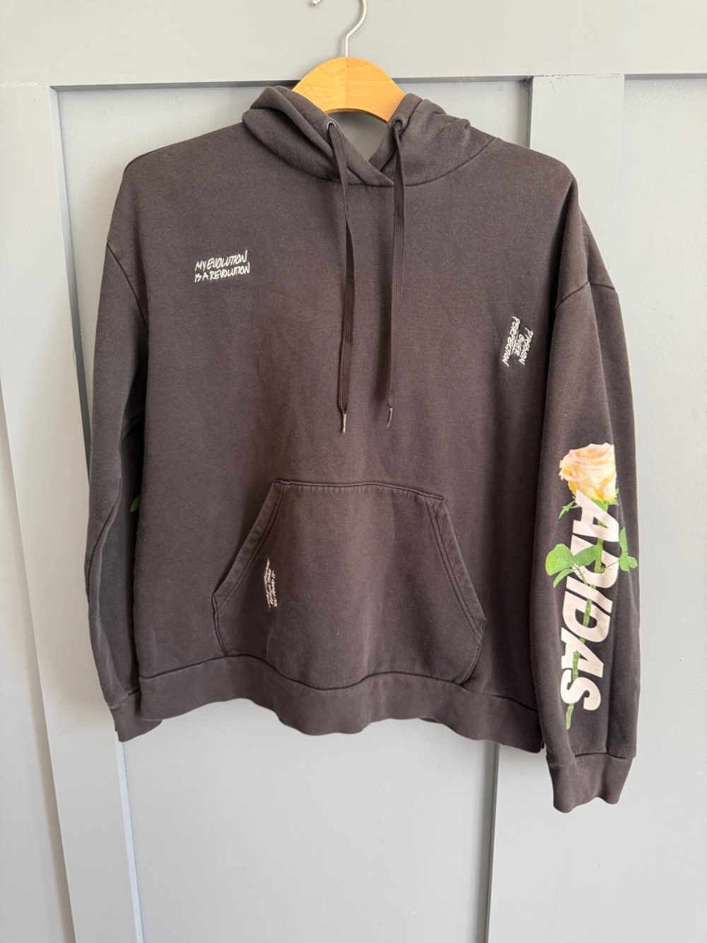 adidas Black Pullover Hoodie with Floral Sleeve and White Logo